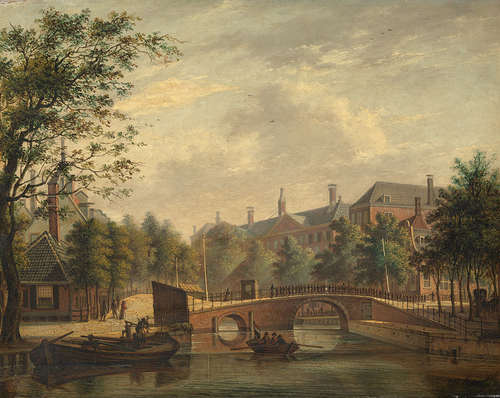 Johannes Jelgerhuis, Het Aalmoezeniers-weeshuis, gezien vanaf de Prinsengracht over de verbindingsbrug van de Leidsegracht, 1824