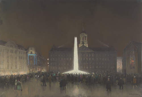 Herman Heijenbrock, De Dam bij avond met de Edison-obelisk tijdens de Edison lichtweek, 1929