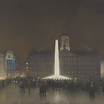 Herman Heijenbrock, De Dam bij avond met de Edison-obelisk tijdens de Edison lichtweek, 1929