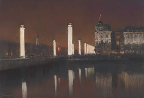 Herman Heijenbrock, Het Damrak bij avond met de lichtzuilen tijdens de Edison lichtweek 1929, Amsterdam Museum