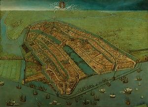 Cornelis Anthonisz, Bird's-Eye View of Amsterdam, 1538, detail of the Chapel of the Heilige Stede