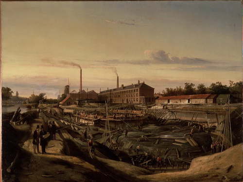 De bouw van twee gashouders van de Hollandsche Gazfabriek aan de Schans, 1847