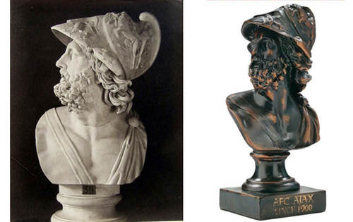 Links: Menelaus (Vaticaanse Musea, Rome). Rechts: Ajax-buste zoals die te koop is in de fanshop.