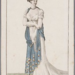 Dame met gesloten waaier, prent Costume Parisien, 1803-1812