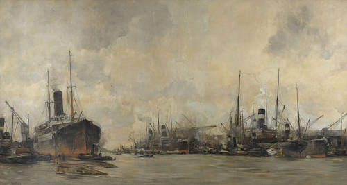 Hobbe Smith, Gezicht op de Ertshaven en de Levantkade naar het westen, met schepen van de Koninklijke Nederlandsche Stoomboot Maatschappij, 1913