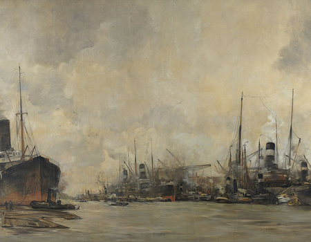 Hobbe Smith, Gezicht op de Ertshaven en de Levantkade naar het westen, met schepen van de Koninklijke Nederlandsche Stoomboot Maatschappij, 1913