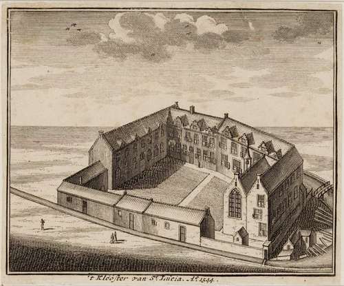 ’t Klooster van St. Lucia, anno 1544. Naar gezicht op Amsterdam in Vogelvlucht, Cornelis Anthonisz., Joh. van September, uitgever, 1729. Collectie Stadsarchief Amsterdam