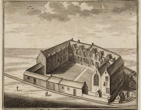 ’t Klooster van St. Lucia, anno 1544. Naar gezicht op Amsterdam in Vogelvlucht, Cornelis Anthonisz., Joh. van September, uitgever, 1729. Collectie Stadsarchief Amsterdam