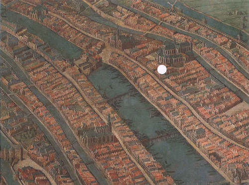 Cornelis Anthonisz., Gezicht op Amsterdam in vogelvlucht, 1538 (detail, met stip bij Het Wapen van Embden, hoek Nieuwendijk/Gravenstraat)