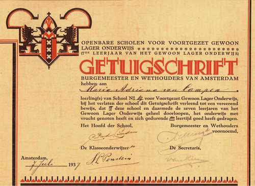 Fré Cohen, Getuigschrift voor leerling van Voortgezet Gewoon Lager Onderwijs, 1937.