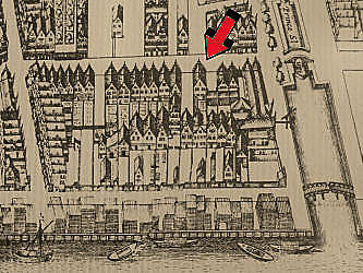 Detail van de kaart van Balthasar Florisz. uit 1625 (de rode pijl geeft de Haarlemmerstraat aan)