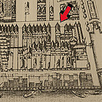 Detail van de kaart van Balthasar Florisz. uit 1625 (de rode pijl geeft de Haarlemmerstraat aan)