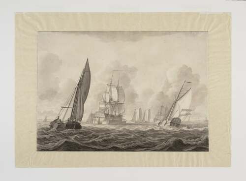 De Zuiderzee met het wegbrengen van een schip per scheepskameel naar de haven van Amsterdam, 1799. Collectie Stadsarchief Amsterdam