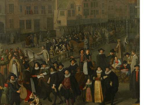 Adriaen van Nieulandt, De Dam in 1604 tijdens de laatste Leprozenommegang op Koppertjesmaandag, 1633 (detail)