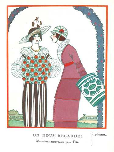 Modeprent ON NOUS REGARDE! Manchons nouveaux pour l’été, uit het modetijdschrift Gazette du Bon Ton, 9 juli 1913, No 9, Pl. I