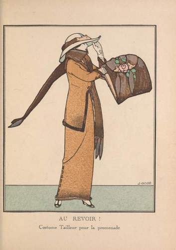 Modeprent AU REVOIR! Costume Tailleur pour le promenade, uit het modetijdschrift Gazette du Bon Ton, 1 oktober 1912, No 1, Pl. 5