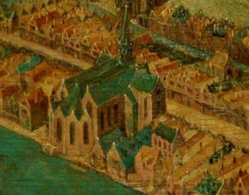 Gezicht op Amsterdam in vogelvucht, Cornelis Anthonisz, 1538, detail Heilige Stede 