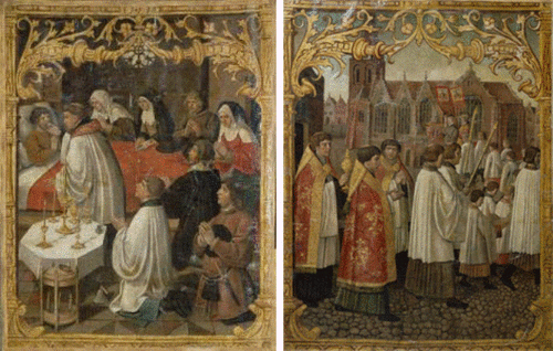 Two sites of a procession banner, modern silk banner incorporating a canvas painted in 1555 Left: Administering the consecrated wafer Right: The procession of all of Amsterdam's clergy to the Oude Kerk