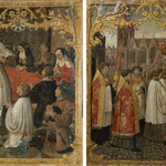 Two sites of a procession banner, modern silk banner incorporating a canvas painted in 1555 Left: Administering the consecrated wafer Right: The procession of all of Amsterdam's clergy to the Oude Kerk