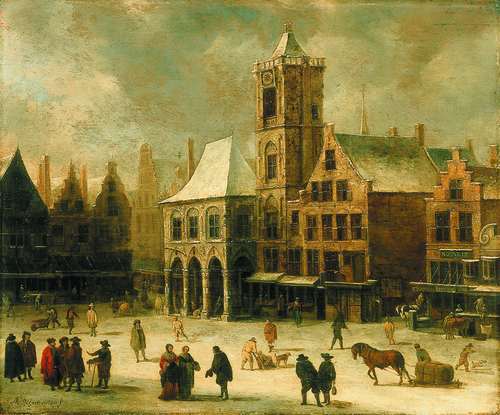 Een schilderij waar allerlei verschillende dieren op de ontdekken zijn. Jan Abrahamsz. Beerstraaten, De Dam met het oude stadhuis, ca. 1640. Amsterdam Museum, SA 2999.