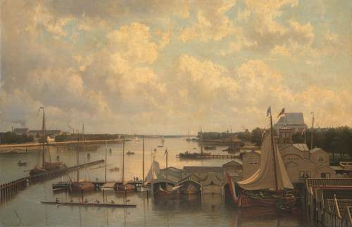  Johan Conrad Greive, De Amstel van de Hogesluis gezien met de jachthaven en het botenhuis van de roeivereniging 'De Hoop' en de Sint Willibrorduskerk buiten de Veste, 1876, Collectie Amsterdam Museum