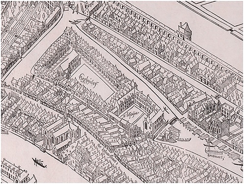 Amsterdam in Vogelvlucht, detail, Cornelis Anthonisz, 1544, houtsnede