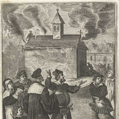 Het Sacrament van Mirakel overleeft de tweede grote stadsbrand in 1452, Boëtius Adamsz Bolswert (ca. 1580-1633), Antwerpen 1639, Collectie Rijksmuseum 