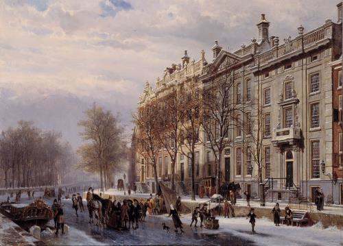 De bocht in de Herengracht, 1882. Schilder: Cornelis Springer (1817-05-25 - 1891-02-20).