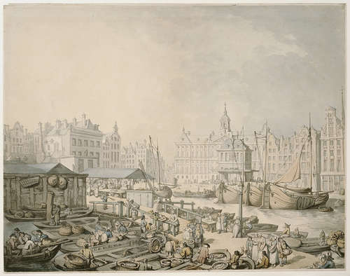 T. Rowlandson, De vismarkt bij de Dam te Amsterdam met het Stadhuis en de Waag op de achtergrond