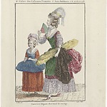 Modeprent RP-P-2009-2102 uit de collectie van het Rijksmuseum: Gallerie des Modes et Costumes Français, 1778, L 61: Couturiere élégante allant livrer son ouvrage. De naaister draagt onder haar arm naaiwerk om af te leveren, waaronder een panier. Link: https://www.rijksmuseum.nl/nl/collectie/RP-P-2009-2102.