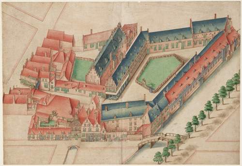 Getekend door Balthasar Florisz van Berckenrode. Op de voorgrond de Sint Luciënsteeg nrs. ca. 15-27 (v.l.n.r.), rechts de nog ongedempte Nieuwezijds Voorburgwal nr. 359. Links Kalverstraat nrs. 84-ca. 110 (v.l.n.r.) met de ingang op nr. 92. Het rechtergedeelte van het Burgerweeshuis was bestemd voor de meisjes (voormalig Sint-Luciaklooster), het linkergedeelte was bestemd voor de jongens. Tegenwoordig Amsterdam Museum. De kaart maakt deel uit van kaartboek C van het Burgerweeshuis. inv.nr. 367.A/117. Orientatie: zuidwest boven.