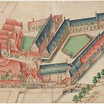 Getekend door Balthasar Florisz van Berckenrode. Op de voorgrond de Sint Luciënsteeg nrs. ca. 15-27 (v.l.n.r.), rechts de nog ongedempte Nieuwezijds Voorburgwal nr. 359. Links Kalverstraat nrs. 84-ca. 110 (v.l.n.r.) met de ingang op nr. 92. Het rechtergedeelte van het Burgerweeshuis was bestemd voor de meisjes (voormalig Sint-Luciaklooster), het linkergedeelte was bestemd voor de jongens. Tegenwoordig Amsterdam Museum. De kaart maakt deel uit van kaartboek C van het Burgerweeshuis. inv.nr. 367.A/117. Orientatie: zuidwest boven.