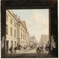 H.P. Schouten, Leidseplein met gezicht door de Leidsepoort in de Leidsestraat, 1779. Links de houten schouwburg. Collectie Atlas Splitgerber, Stadsarchief Amsterdam