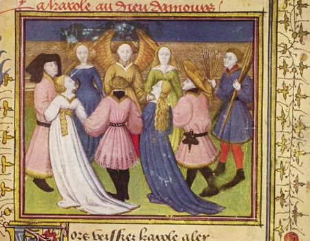 Reidans met Amor, Roman de la Rose in de Österreichische Nationalbibliothek, Wenen. Bron: Wikipedia