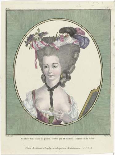 Gallerie des Modes et Costumes Français, 1781, oo 222 : Coëffure d'une Dame de qualité coëffée par M Leonard Coëffeur de la Reine. (Rijksmuseum, RP-P-2009-1189)